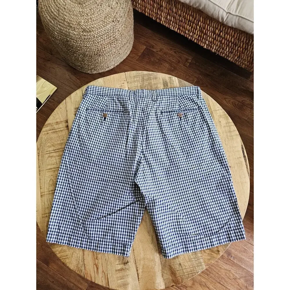 J. Crew‎ Men’s Gingham Check 100% Cotton Flat Front Shorts Size 34 Navy Coastal